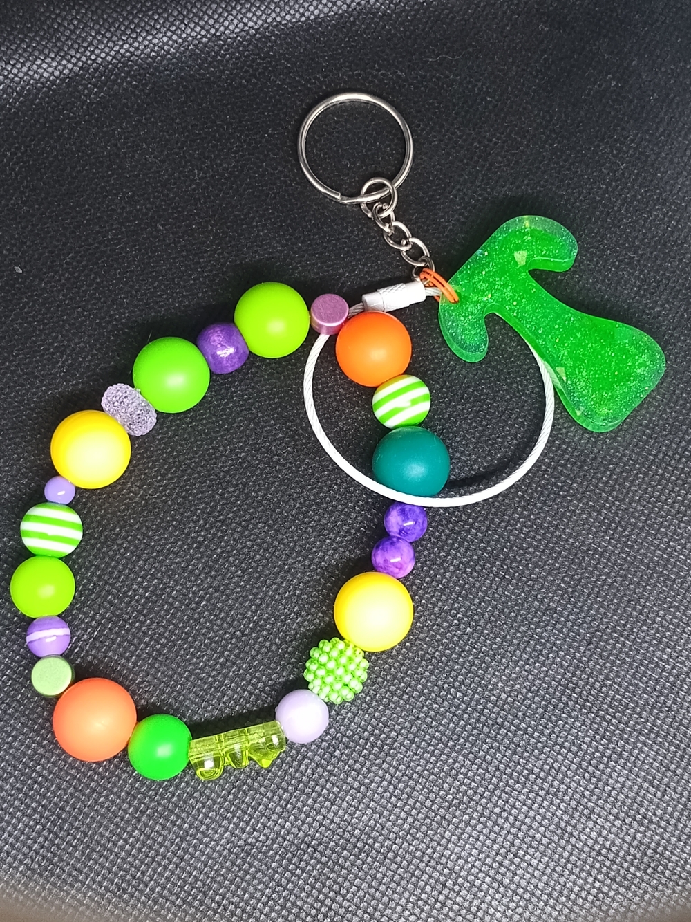 Beaded Letter T Key & Card Holder Wristlet - Green Glitter Letter Charm
